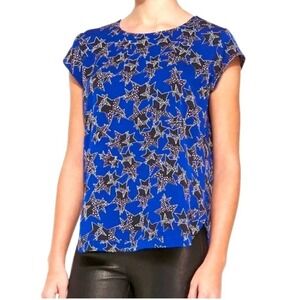 Diane von Furstenberg 100% Silk Star Print Top Cobalt Blue Black Sz 6 Cap Sleeve